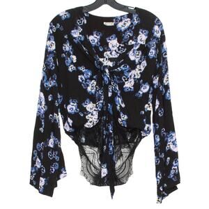 Free People Bodysuit Floral Boho Bell Sleeve Lace Romantic Festival Hippie XS
